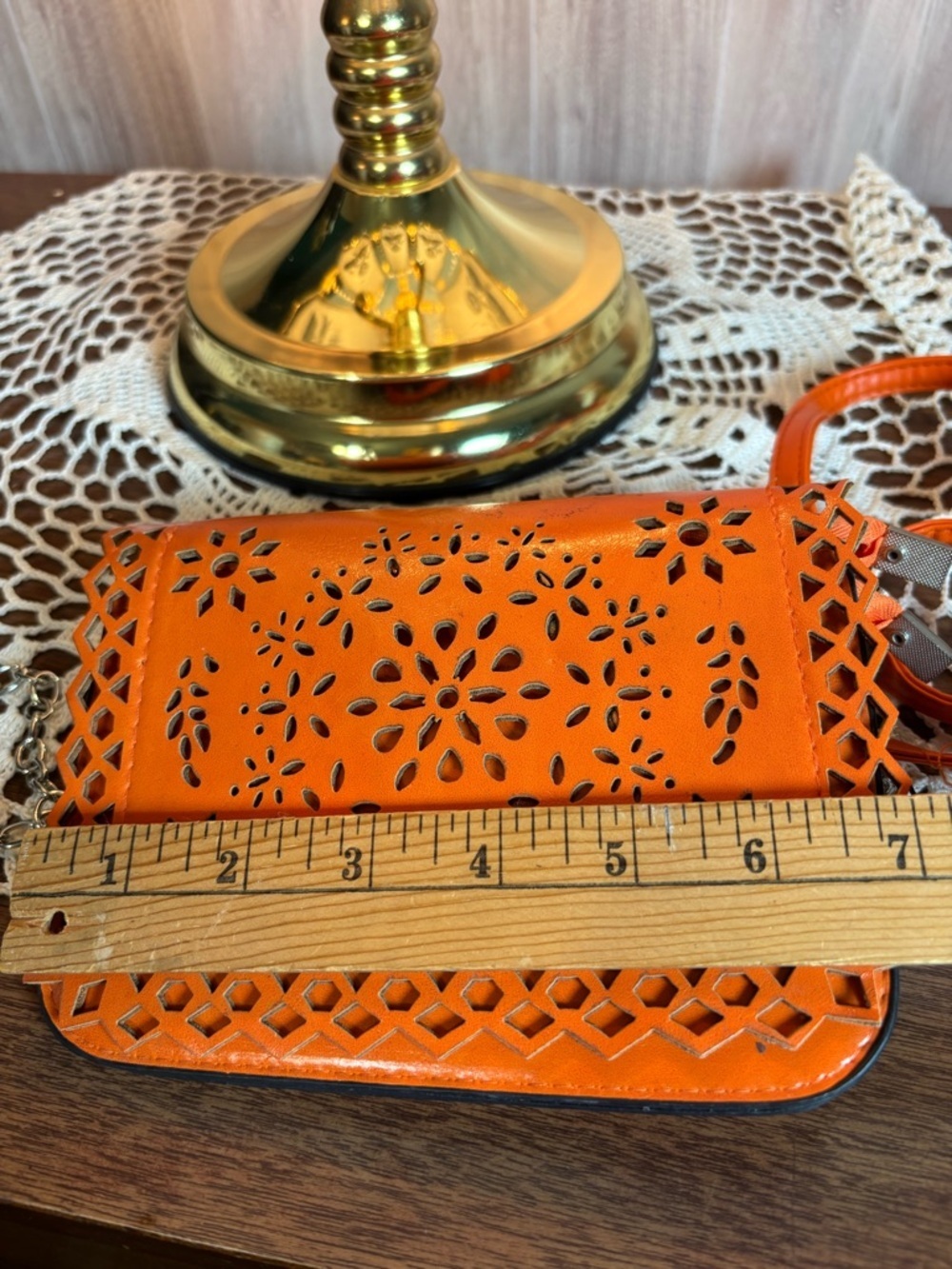 Victoria Leland Design Orange Laser-Cut Leather Crossbody Bag with Chain Strap - Picture 6 of 7